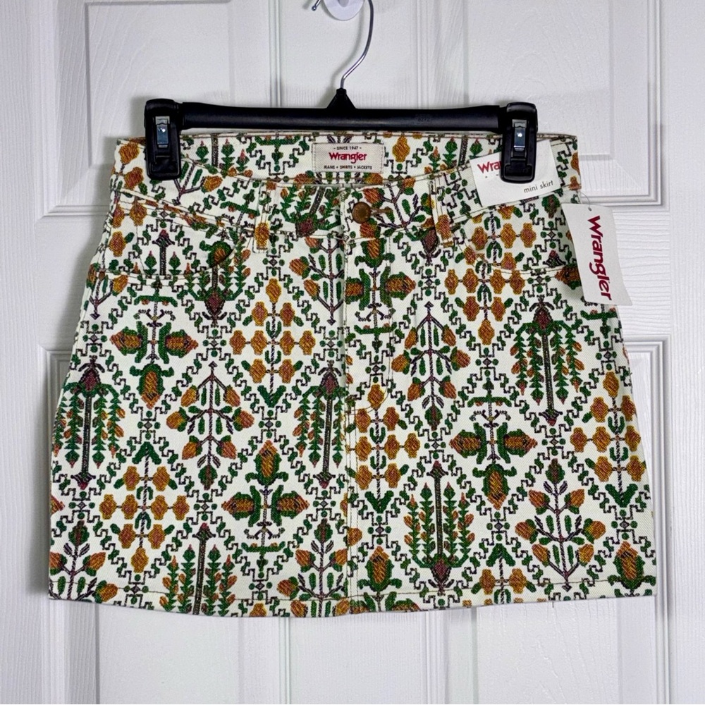 Wrangler  Western Tapestry Embroidery Print Denim Mini Skirt Womens Size 2 NWT